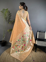 Dista Elora Peach Tissue Parrot & Floral Woven Design Paithani Saree, view 3