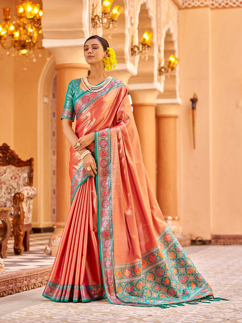 Dista Elora Peach Zari Tissue Solid Banarasi Silk Woven Jacquard Work Designer Saree