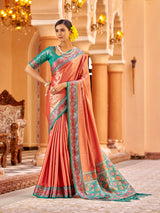 Dista Elora Peach Zari Tissue Solid Banarasi Silk Woven Jacquard Work Designer Saree, view 2