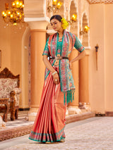Dista Elora Peach Zari Tissue Solid Banarasi Silk Woven Jacquard Work Designer Saree, view 3