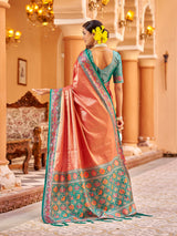 Dista Elora Peach Zari Tissue Solid Banarasi Silk Woven Jacquard Work Designer Saree, view 4