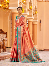 Dista Elora Peach Zari Tissue Solid Banarasi Silk Woven Jacquard Work Designer Saree, view 5