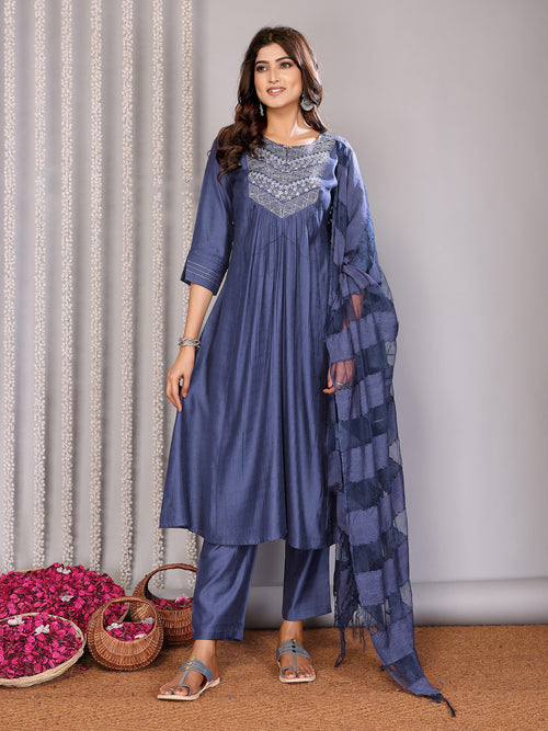Dista Elora Petrol Blue Pure Cotton Yoke Embroidery Flared A Line Cut Round Neck Kurta Set