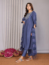 Dista Elora Petrol Blue Pure Cotton Yoke Embroidery Flared A Line Cut Round Neck Kurta Set, view 2