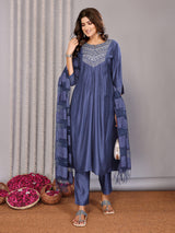 Dista Elora Petrol Blue Pure Cotton Yoke Embroidery Flared A Line Cut Round Neck Kurta Set, view 3