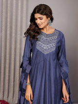 Dista Elora Petrol Blue Pure Cotton Yoke Embroidery Flared A Line Cut Round Neck Kurta Set, view 4