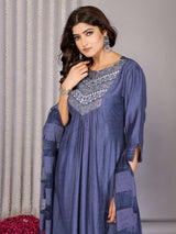 Dista Elora Petrol Blue Pure Cotton Yoke Embroidery Flared A Line Cut Round Neck Kurta Set, view 5