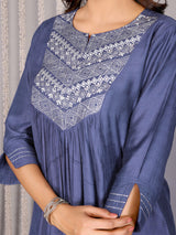 Dista Elora Petrol Blue Pure Cotton Yoke Embroidery Flared A Line Cut Round Neck Kurta Set, view 6