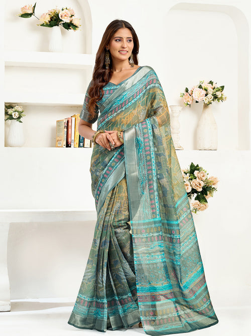Dista Elora Petrol Linen Ethnic Motifs Printed Ready to Wear Saree