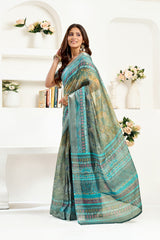 Dista Elora Petrol Linen Ethnic Motifs Printed Ready to Wear Saree, view 2