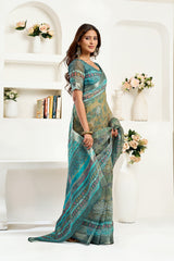 Dista Elora Petrol Linen Ethnic Motifs Printed Ready to Wear Saree, view 4