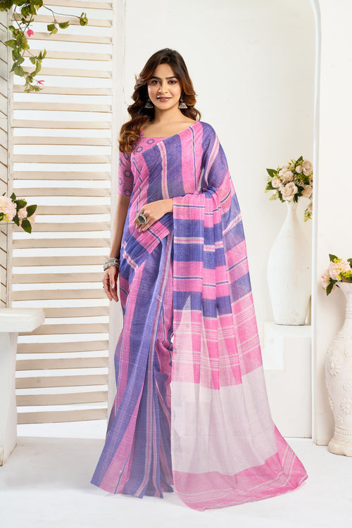 Dista Elora Pink & Blue Linen Striped Printed Ready To Wear Saree