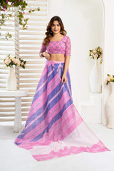Dista Elora Pink & Blue Linen Striped Printed Ready To Wear Saree, view 4