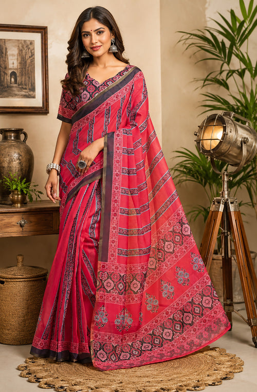 Dista Elora Pink Chanderi Cotton Ajrakh print Printed Ready To Wear Saree