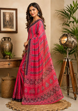 Dista Elora Pink Chanderi Cotton Ajrakh print Printed Ready To Wear Saree, view 2