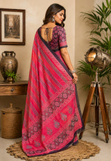 Dista Elora Pink Chanderi Cotton Ajrakh print Printed Ready To Wear Saree, view 3