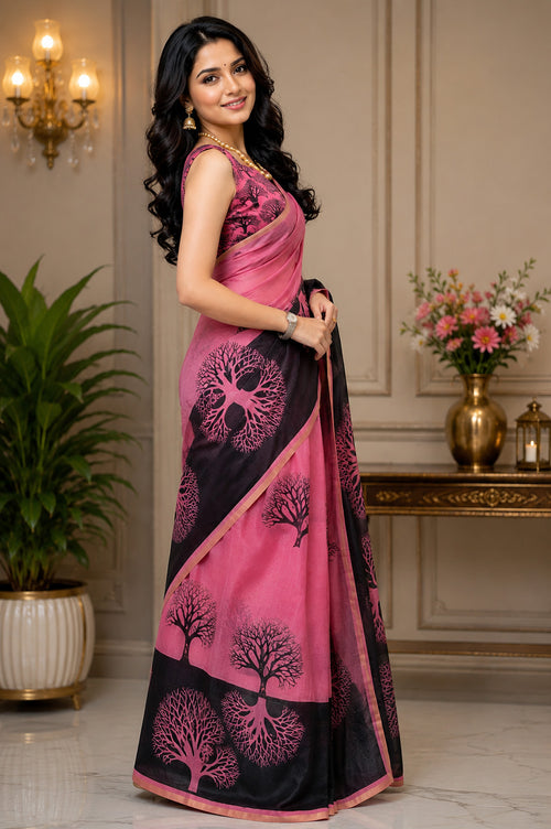 Dista Elora Pink Chanderi Cotton Tree Mofos Printed Ready To Wear Saree