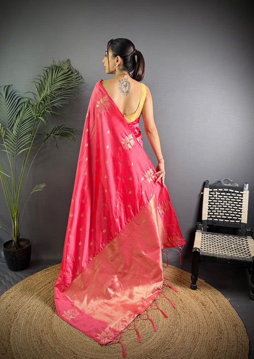 Dista Elora Pink Lichi Silk Flower Zari Weaving Banarasi Saree