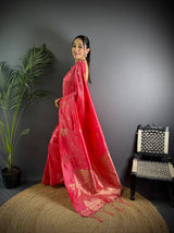 Dista Elora Pink Lichi Silk Flower Zari Weaving Banarasi Saree, view 2