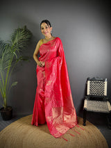 Dista Elora Pink Lichi Silk Flower Zari Weaving Banarasi Saree, view 3