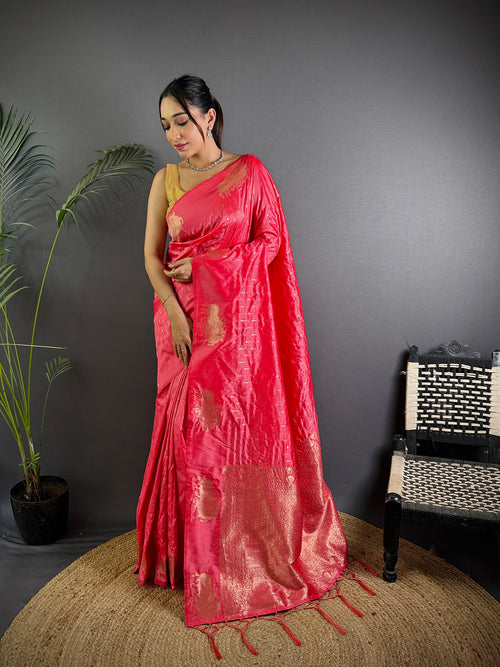 Dista Elora Pink Lichi Silk Striped Jacquard Zari Weaving Banarasi Saree