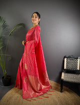 Dista Elora Pink Lichi Silk Striped Jacquard Zari Weaving Banarasi Saree, view 2
