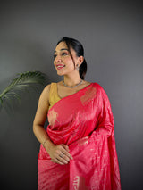 Dista Elora Pink Lichi Silk Striped Jacquard Zari Weaving Banarasi Saree, view 3