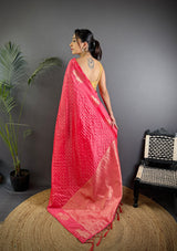 Dista Elora Pink Lichi Silk Striped Jacquard Zari Weaving Banarasi Saree, view 4