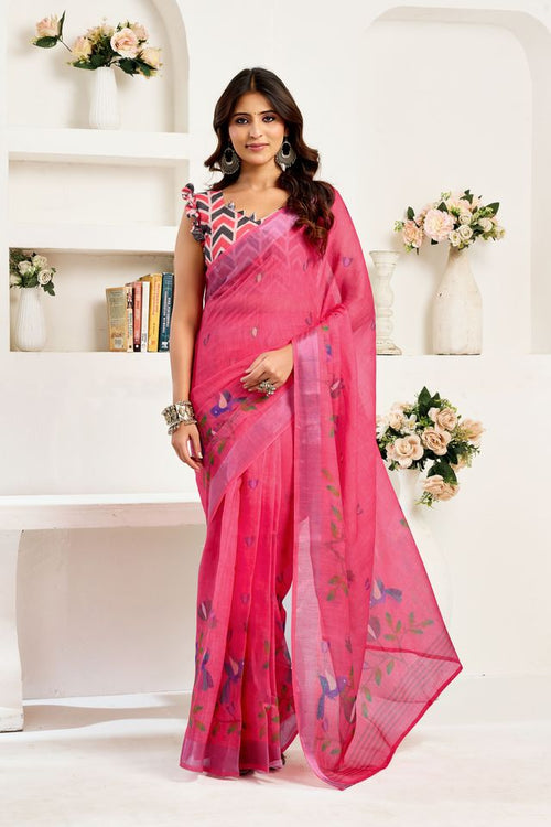 Dista Elora Pink Linen Bird Motifs Printed Ready To Wear Saree
