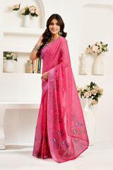 Dista Elora Pink Linen Bird Motifs Printed Ready To Wear Saree, view 4