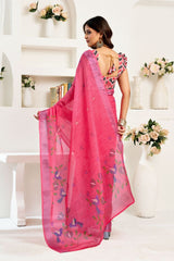 Dista Elora Pink Linen Bird Motifs Printed Ready To Wear Saree, view 5