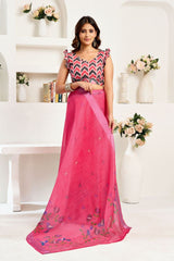Dista Elora Pink Linen Bird Motifs Printed Ready To Wear Saree, view 6