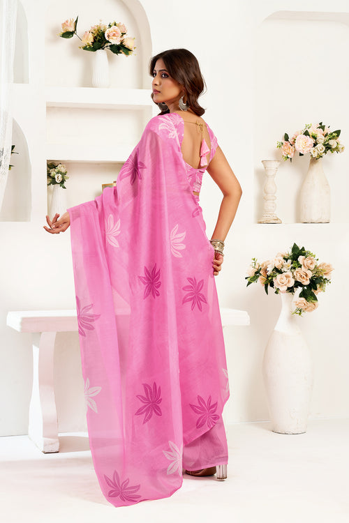 Dista Elora Pink Linen Floral Printed Ready to Wear Saree