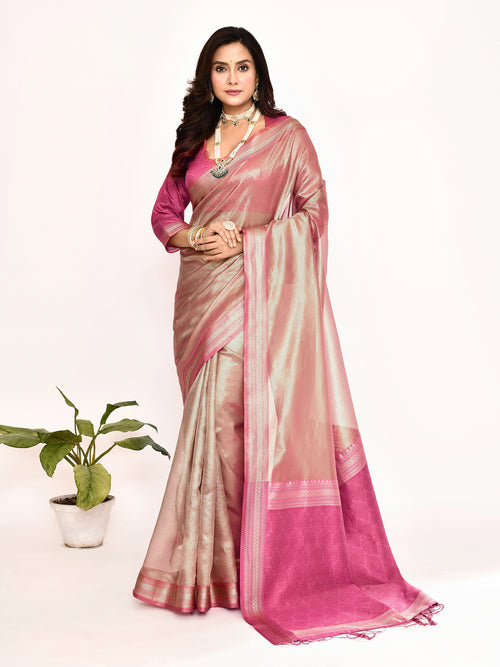 Dista Elora Pink Plain Banarasi Tissue Silk Weaving Saree