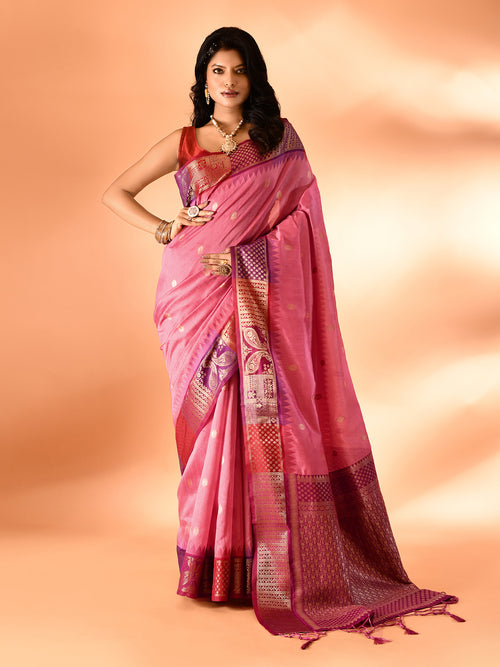 Dista Elora Pink Pure Cotton Silk Banarasi Weaving Saree