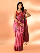 Dista Elora Pink Pure Cotton Silk Banarasi Weaving Saree, view 5