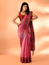 Dista Elora Pink Pure Cotton Silk Banarasi Weaving Saree, view 6
