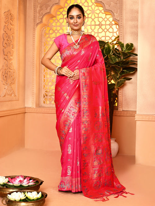 Dista Elora Pink Pure Soft Silk Baluchari Weaving Saree