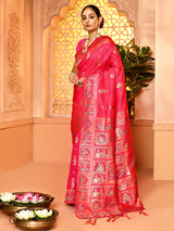 Dista Elora Pink Pure Soft Silk Baluchari Weaving Saree, view 2