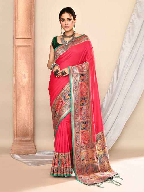 Dista Elora Pink Pure Soft Silk Banarasi Plain Weaving Saree