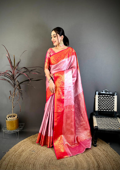 Dista Elora Pink & Red Soft Silk Floral Zari Weaving Banarasi Saree