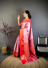 Dista Elora Pink & Red Soft Silk Floral Zari Weaving Banarasi Saree, view 2