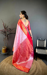 Dista Elora Pink & Red Soft Silk Floral Zari Weaving Banarasi Saree, view 3