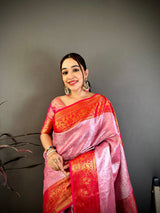 Dista Elora Pink & Red Soft Silk Floral Zari Weaving Banarasi Saree, view 4