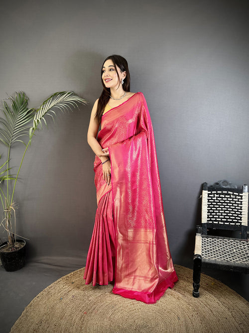 Dista Elora Pink Satin Silk Floral Motifs & Ethnic Silver Zari Design Kanchipuram Saree