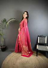 Dista Elora Pink Satin Silk Floral Motifs & Ethnic Silver Zari Design Kanchipuram Saree, view 2
