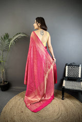 Dista Elora Pink Satin Silk Floral Motifs & Ethnic Silver Zari Design Kanchipuram Saree, view 3