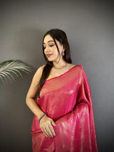 Dista Elora Pink Satin Silk Floral Motifs & Ethnic Silver Zari Design Kanchipuram Saree, view 4