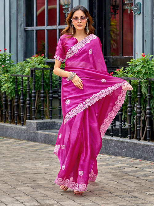Dista Elora Pink Shimmer Chiffon Geometric Embroidery Work Bollywood Saree