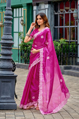 Dista Elora Pink Shimmer Chiffon Geometric Embroidery Work Bollywood Saree, view 2
